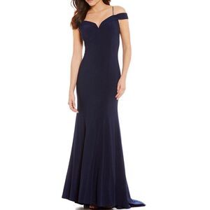 Adrianna Papell Navy Blue Off‎ Shoulder Empire Pleated Evening Gown, Size 8